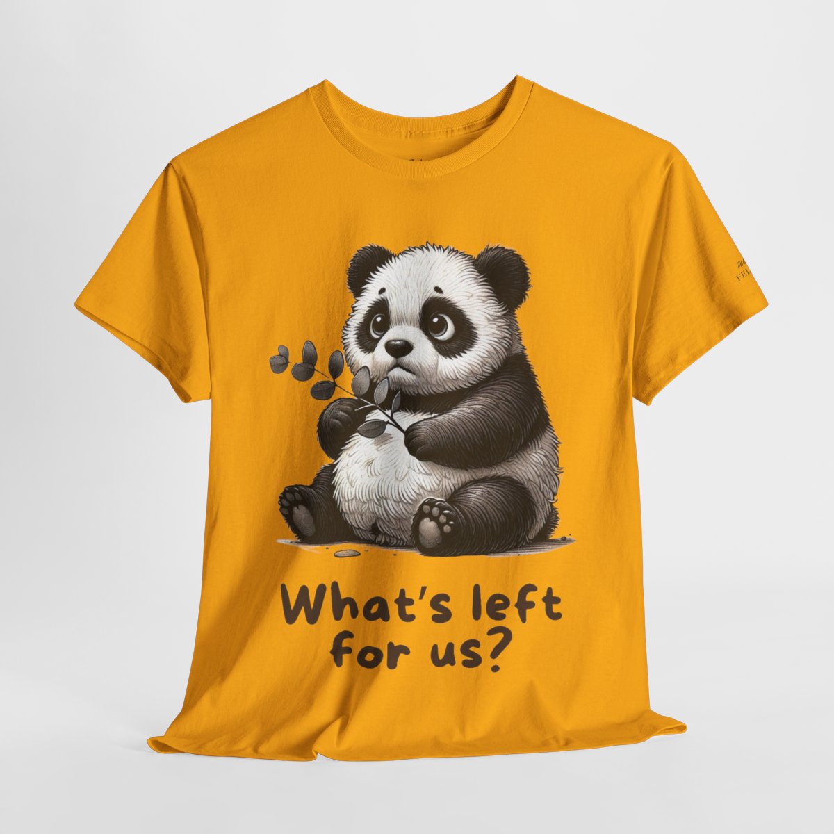 "What's Left for Us?" Women's Heavy Cotton T-Shirt featuring a thoughtful panda holding a branch design