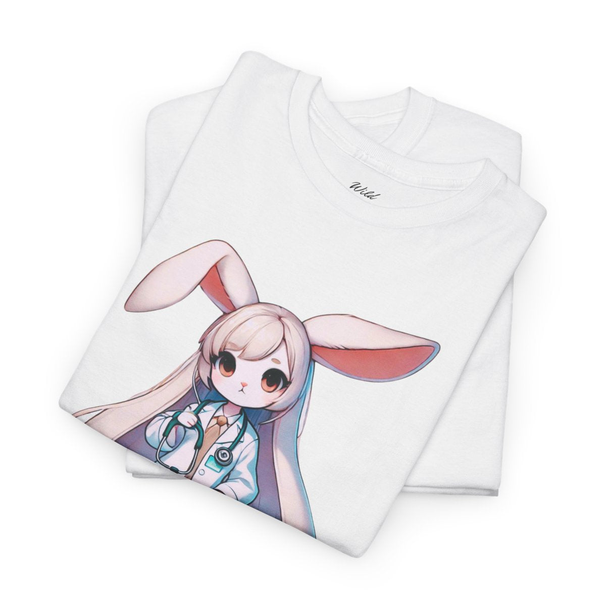 Women's heavy cotton T-shirt featuring a cute rabbit doctor holding a stethoscope