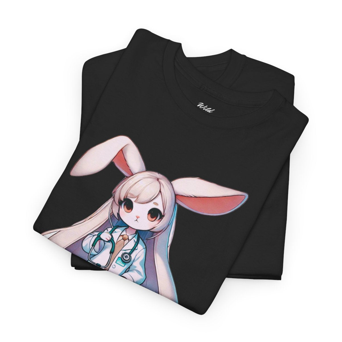 Women's heavy cotton T-shirt featuring a cute rabbit doctor holding a stethoscope