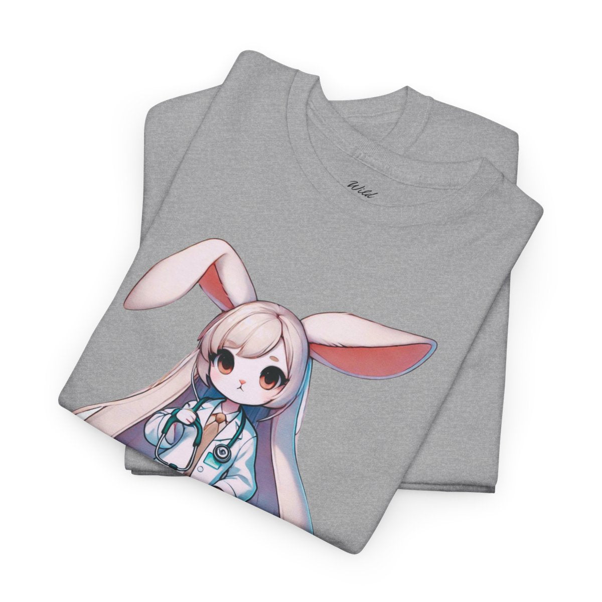 Women's heavy cotton T-shirt featuring a cute rabbit doctor holding a stethoscope