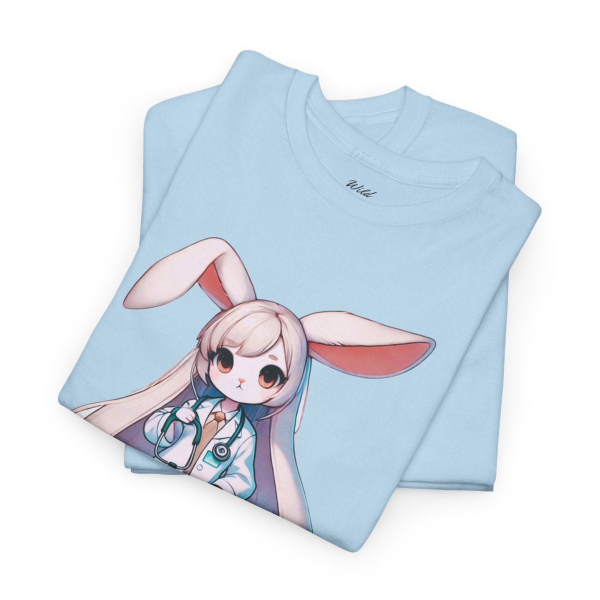 Women's heavy cotton T-shirt featuring a cute rabbit doctor holding a stethoscope