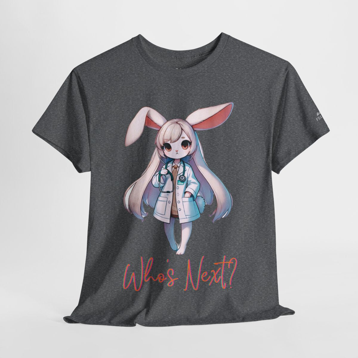 Women's heavy cotton T-shirt featuring a cute rabbit doctor holding a stethoscope