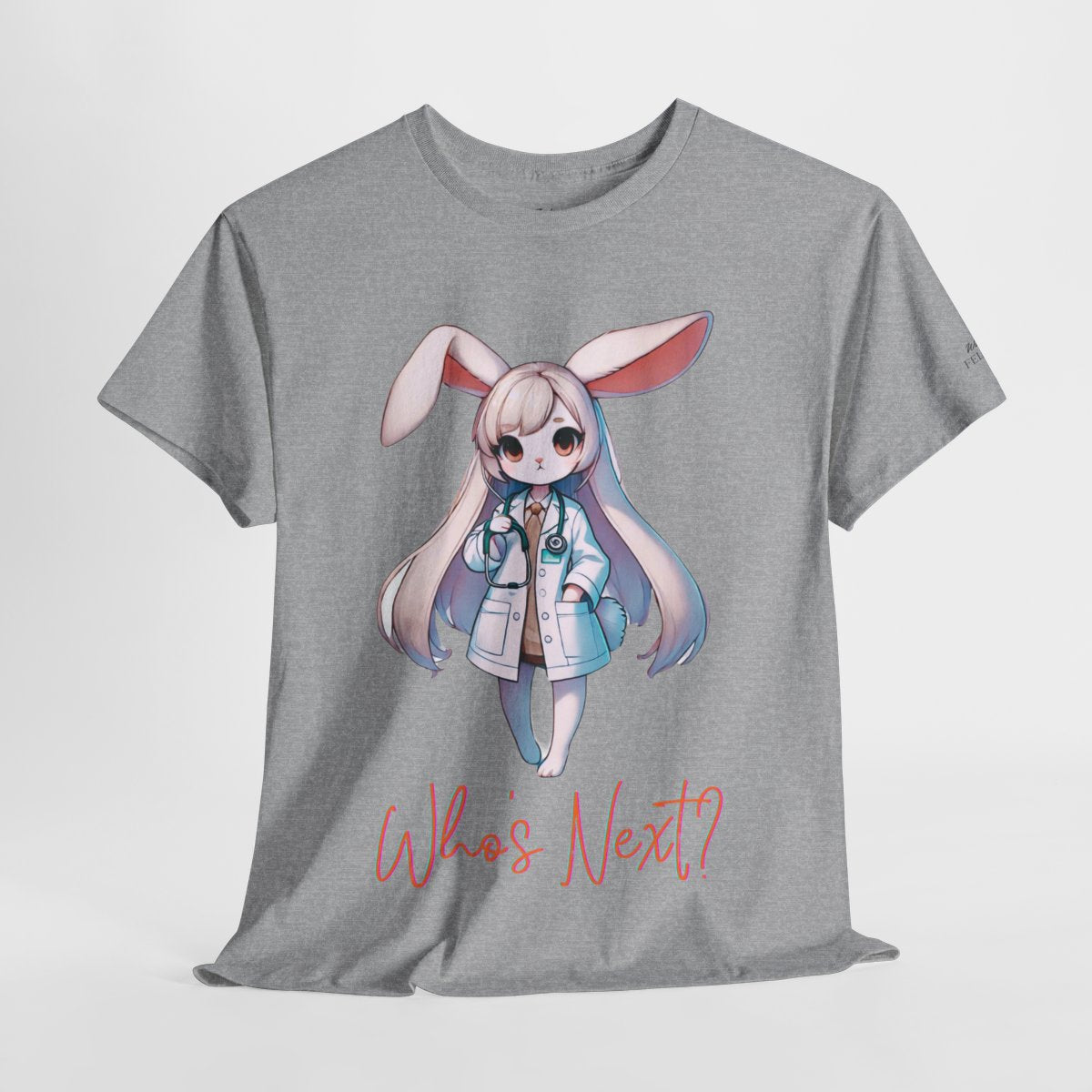 Women's heavy cotton T-shirt featuring a cute rabbit doctor holding a stethoscope