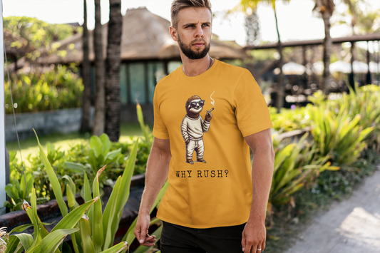 Men's heavy cotton T-shirt featuring a funny sloth wearing sunglasses and exuding chill vibes