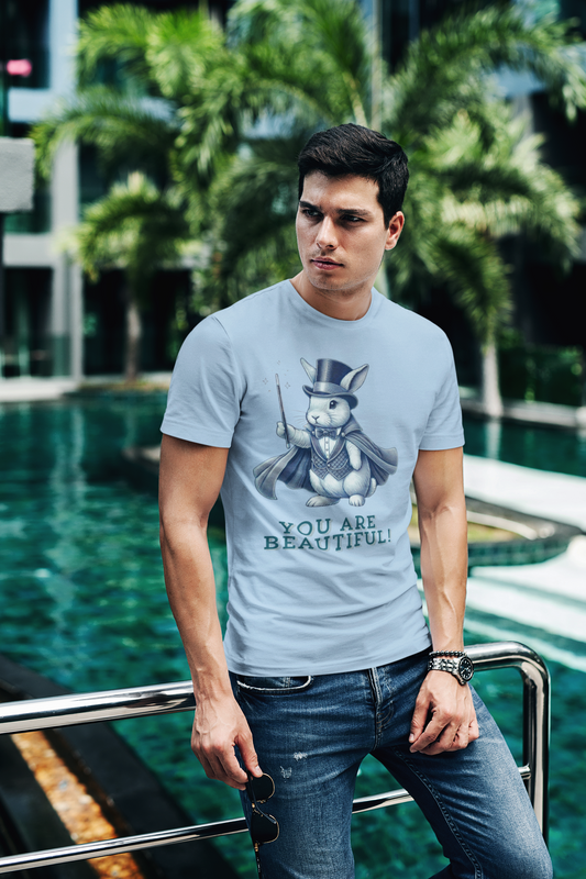 Men's heavy cotton T-shirt featuring a whimsical rabbit magician in a top hat and cape